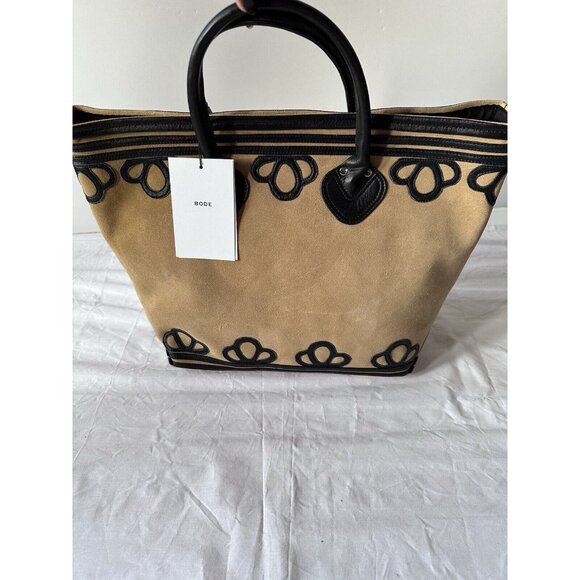 BODE Trefoil Tote Bag Black Beige Suede Leather - Picture 8 of 11